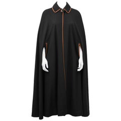 1970's Leather Trimmed Black Wool Cape and Skirt Ensemble 