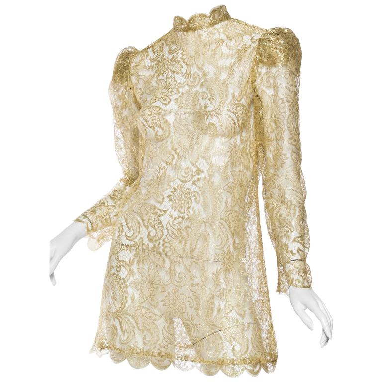 Gucci Style Vintage Gold Lace Dress at 1stdibs
