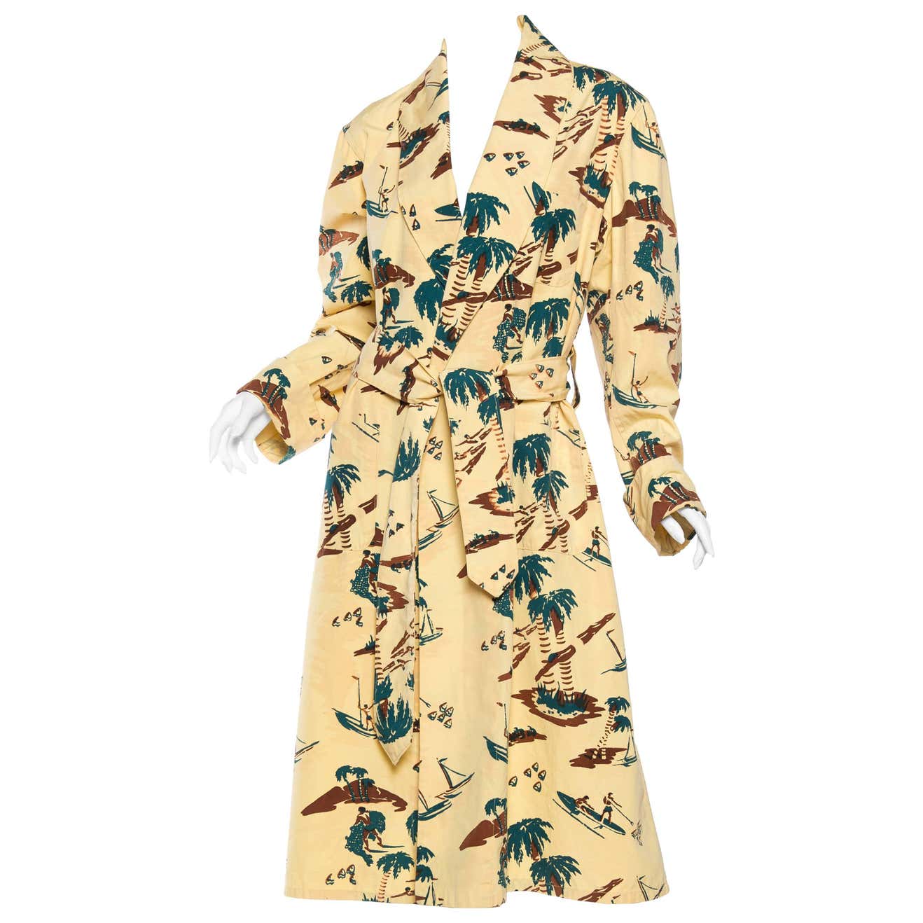 1940S Pale Yellow Cotton Rare Hawaiian Tropical Print Surfer Robe at ...