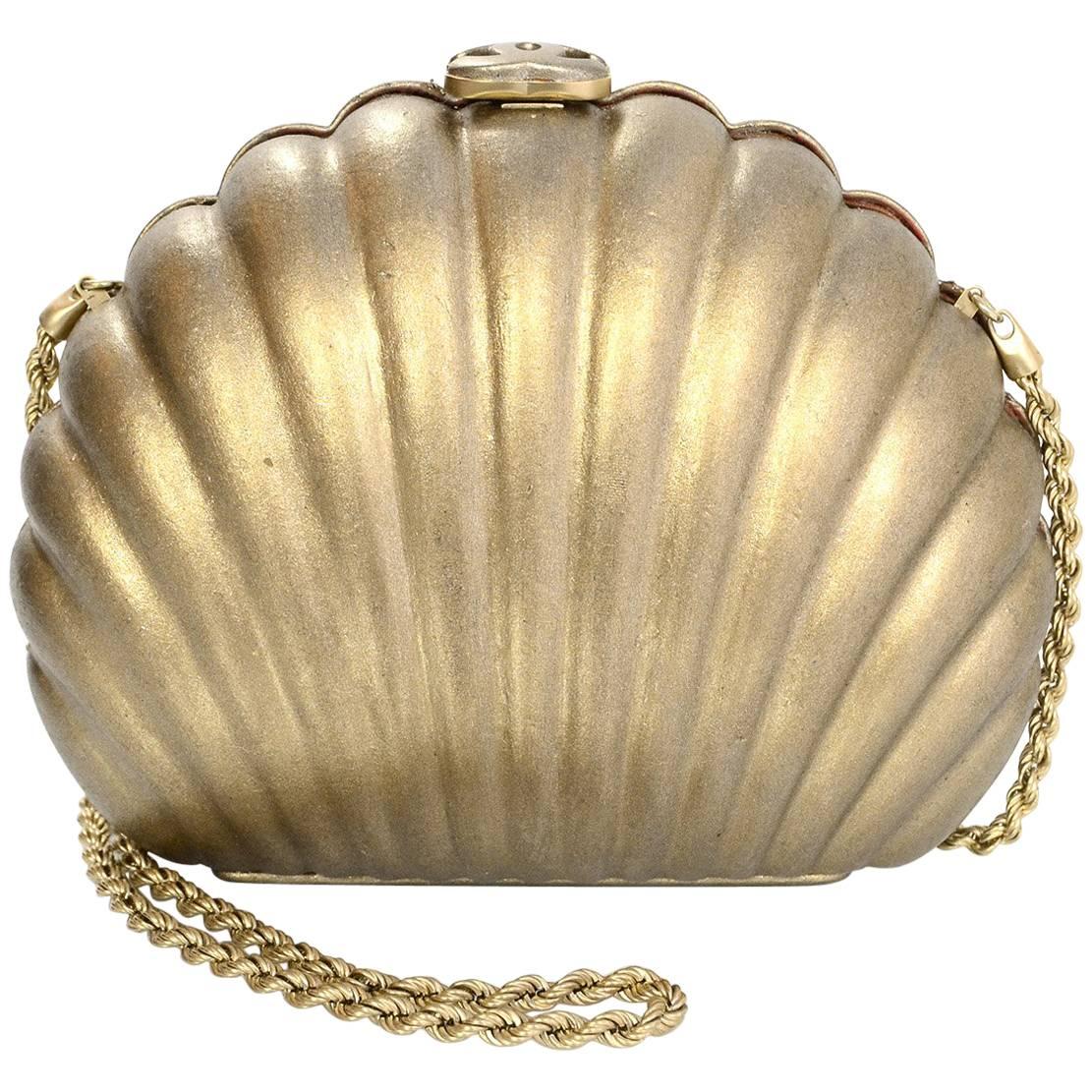 Chanel Gold Leather Seashell Clutch/ Evening Bag