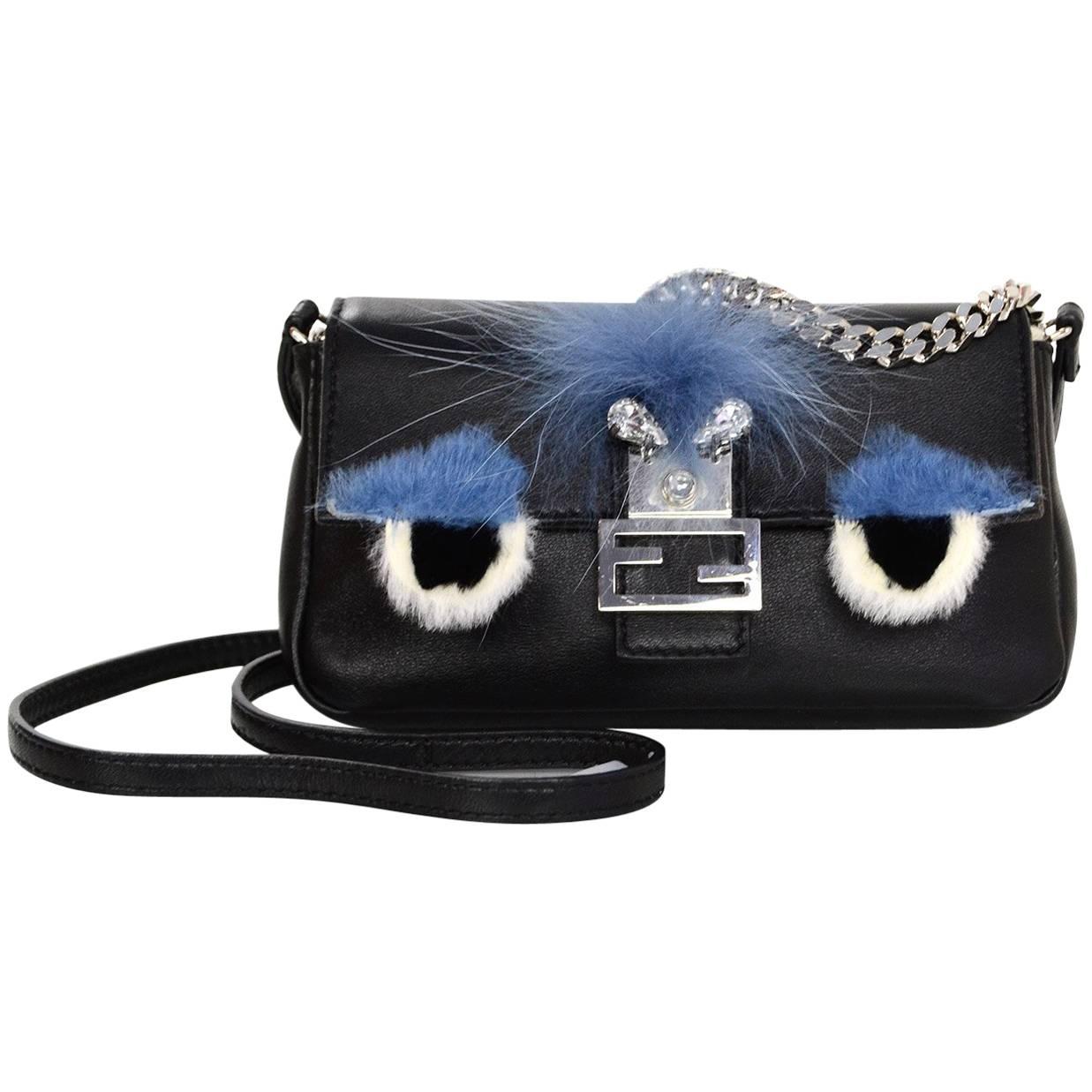 Fendi Black Leather & Blue Fur Micro Buggie Baguette Crossbody Bag 