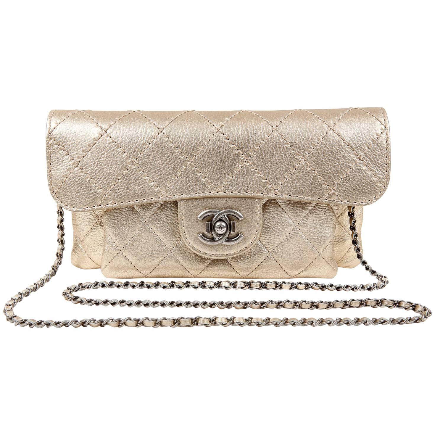 Chanel Metallic Gold Leather Cross Body Clutch Bag