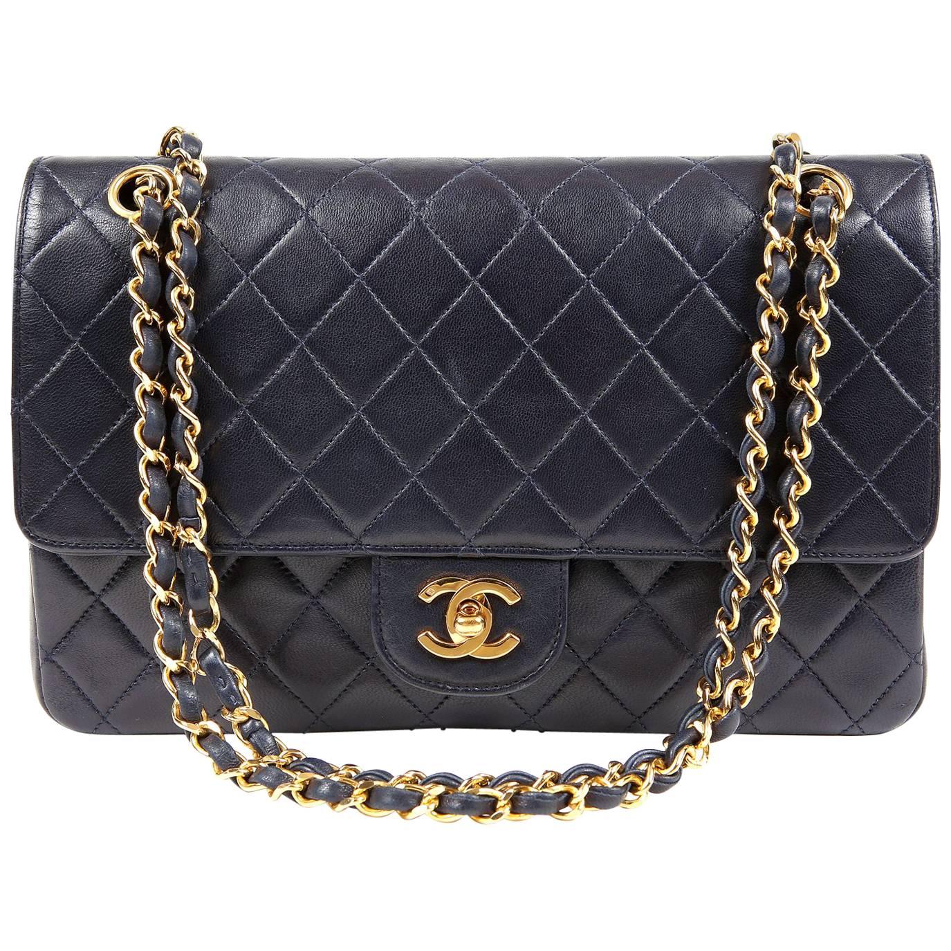 Chanel Navy Lambskin Classic Double Flap Bag- GHW