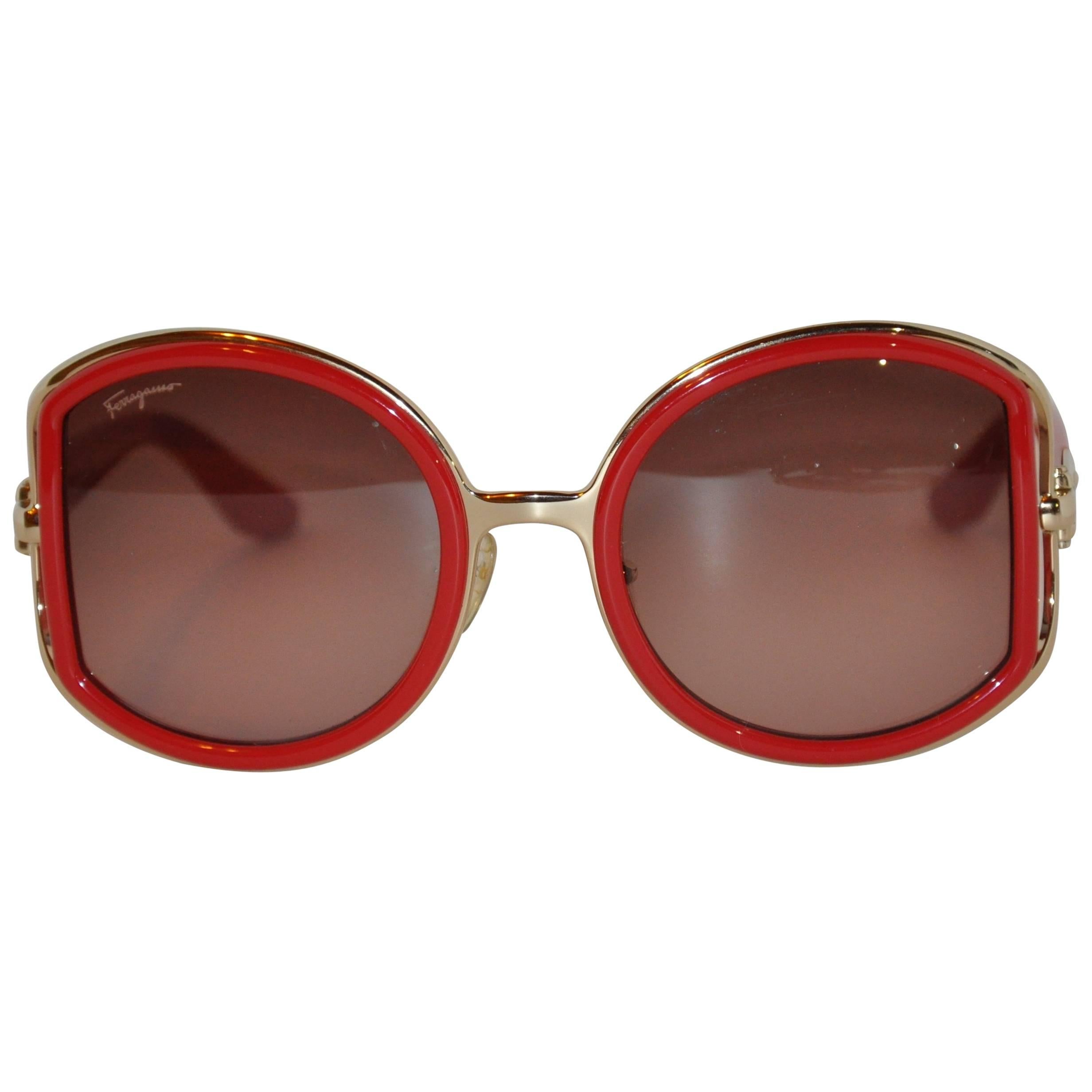 Ferragamo Gold Hardware with Thick Italian Red Lucite Sunglasses 