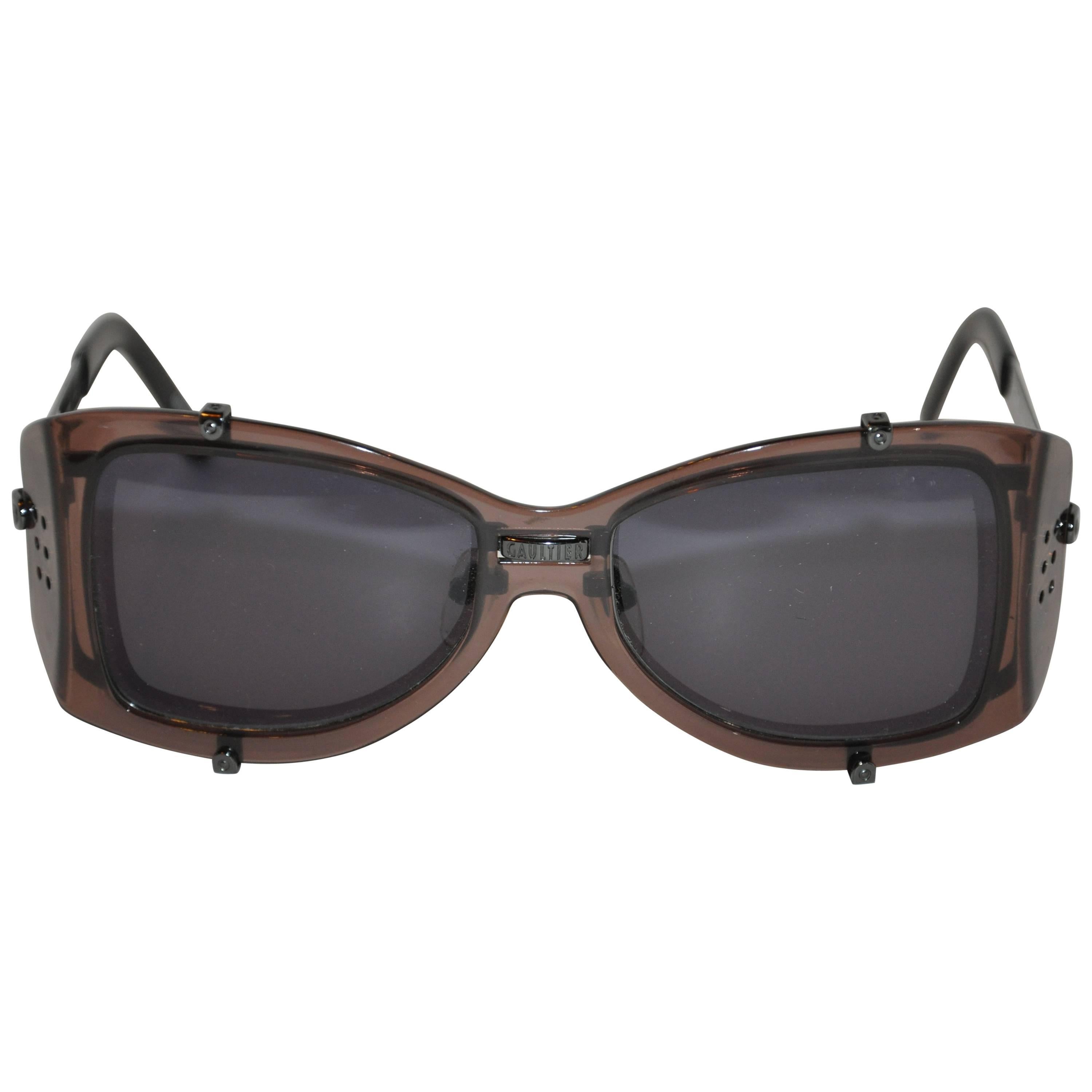 Jean Paul Gaultier Smoked Hardware & Smoked Lucite Studded Sunglasses For Sale