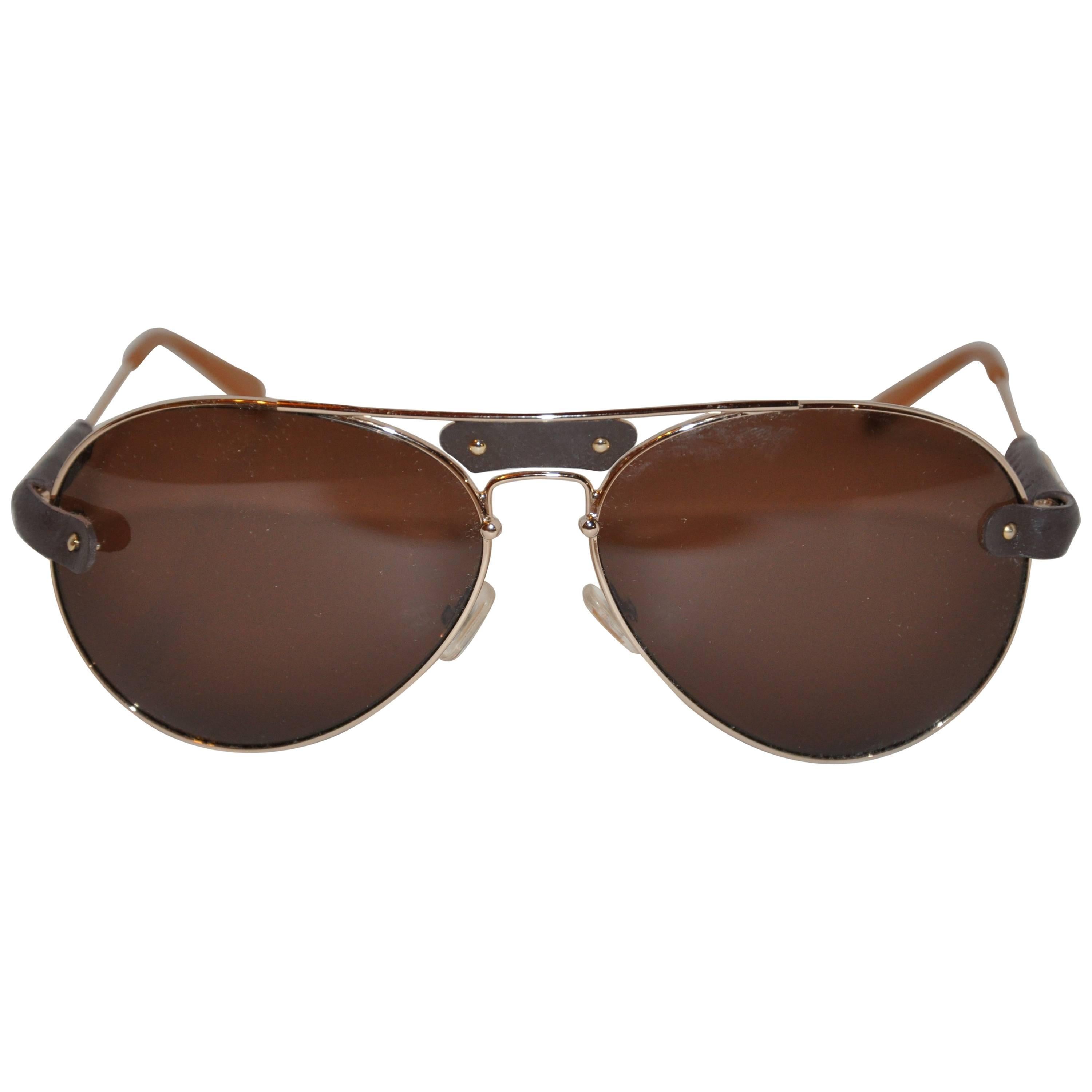 Chloe Polished Gold Hardware Frame Accented with Lambskin Sunglasses For Sale