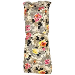 1950s Water Color Floral Print Sleeveles Silk 50s  Dress