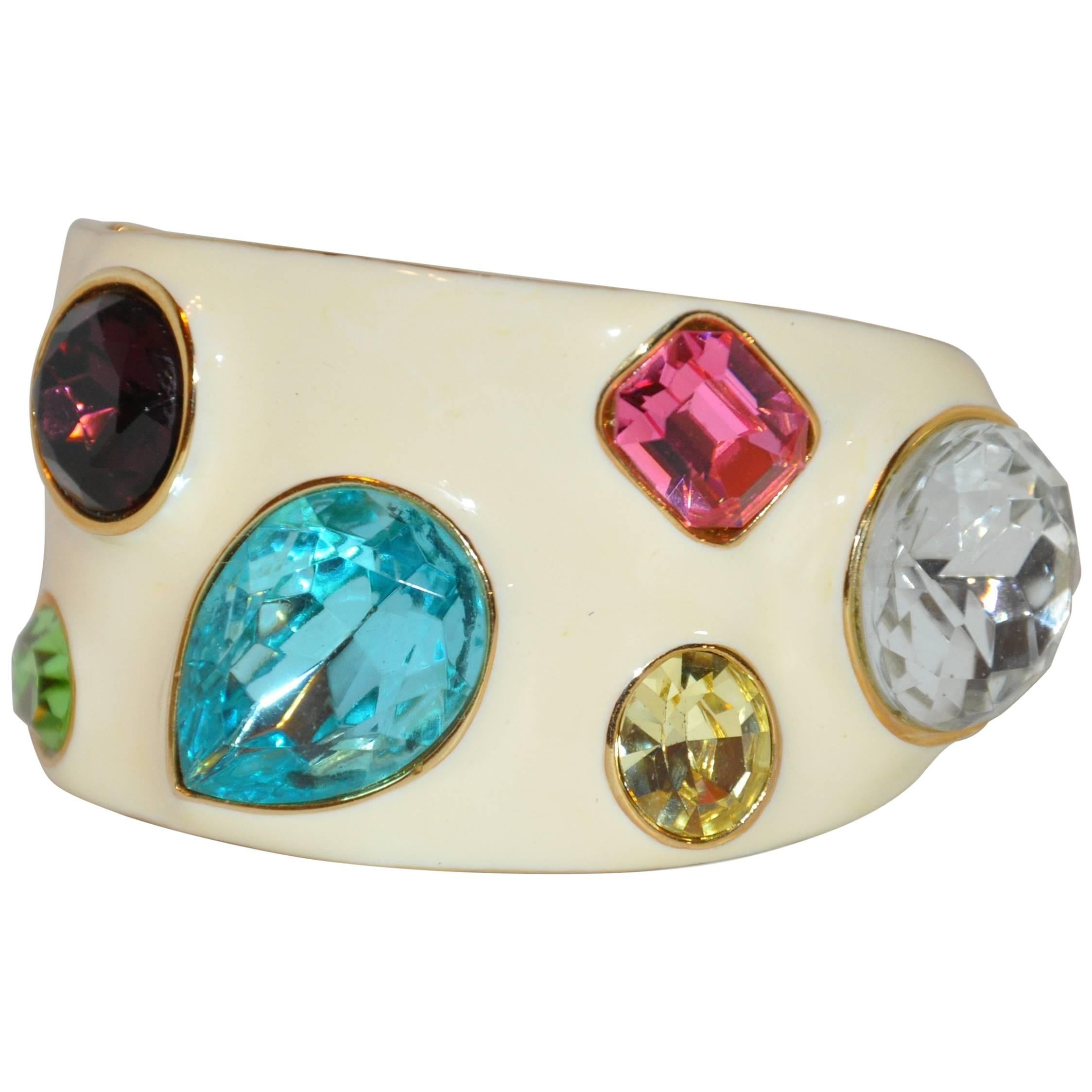 Kenneth Jay Lane Vanilla Enamel with Multi-Size Multi-Colored Cuff Bracelet