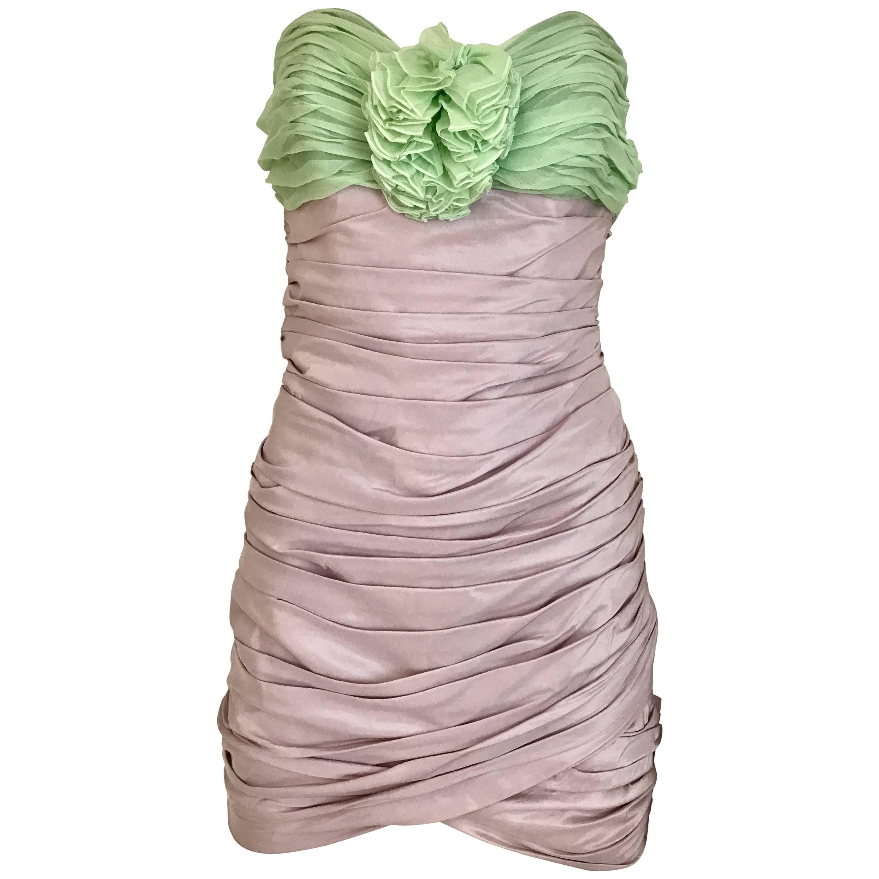 Vintage ANGELO TARLAZZI Strapless Lilac and Green Silk Mini Cocktail 80s Dress