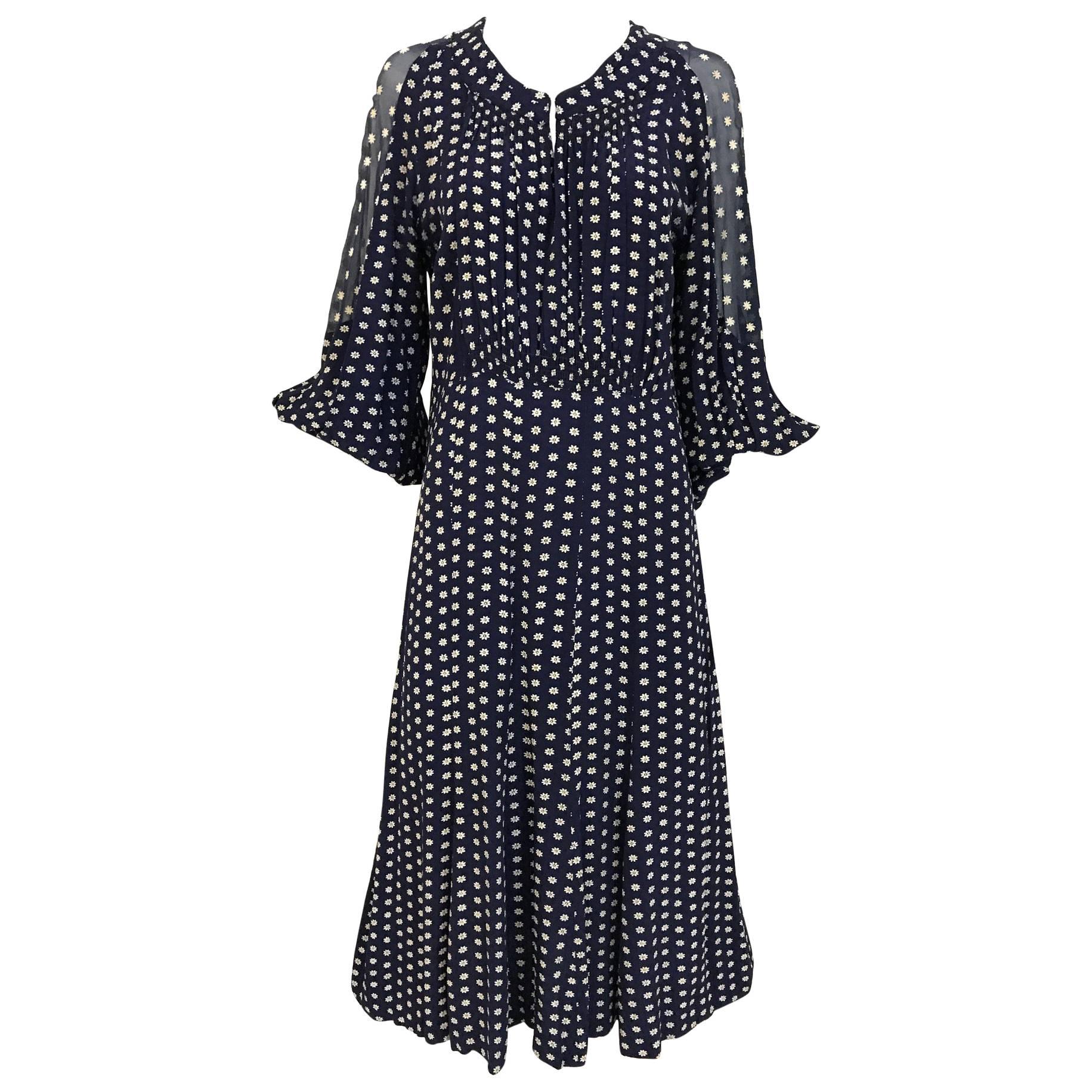 1940s Navy Blue and White Embroidered Daisy Print Silk 40s Dress