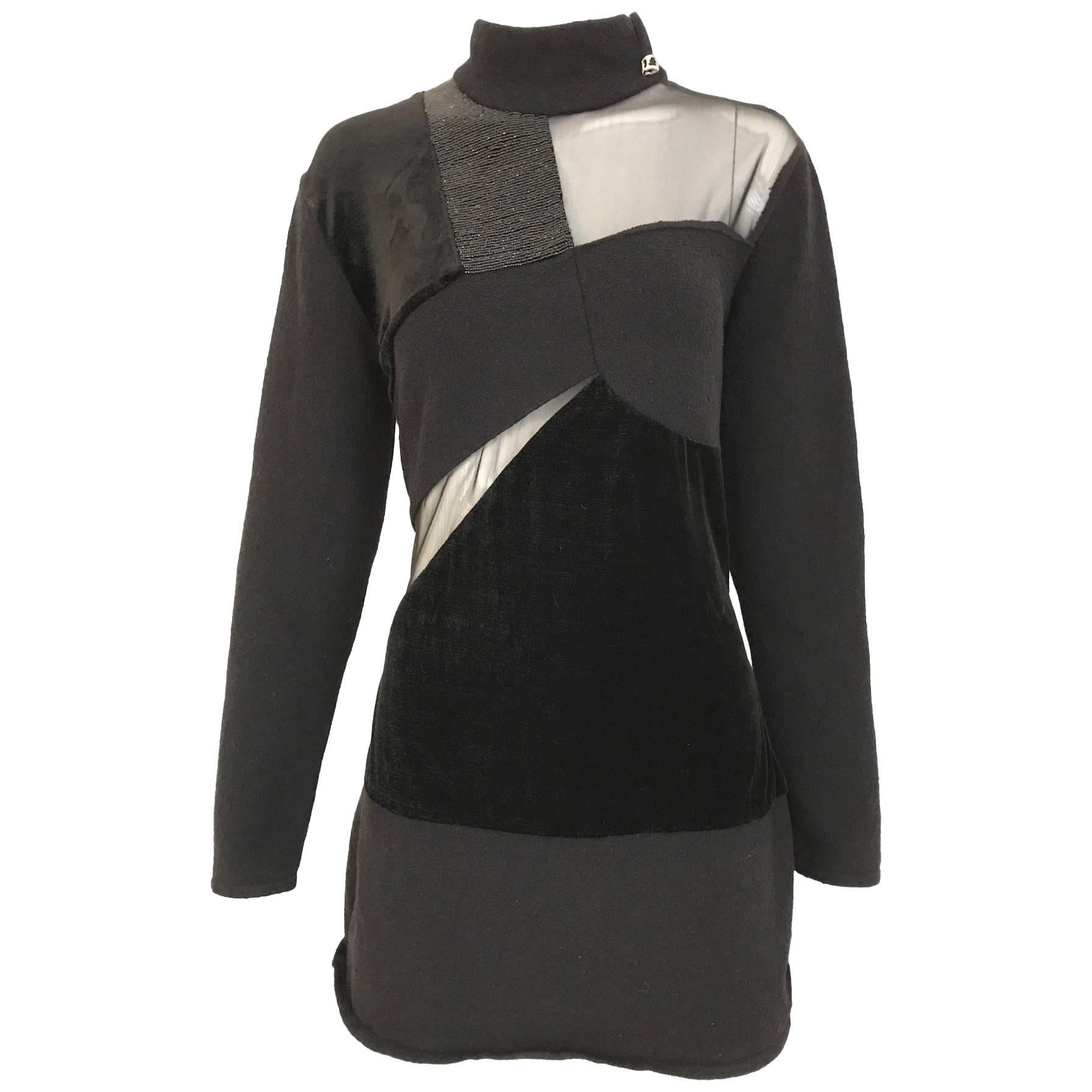 Vintage Gianfranco Ferre Black Velour Sheer  Long Sleeve Mini Sweater 80s dress