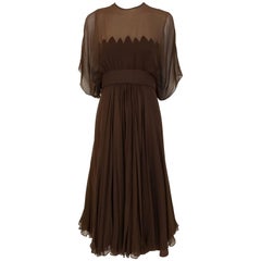 1950s ALFRED BOSAND Brown Silk Chiffon Illusion Cocktail 50s Dress