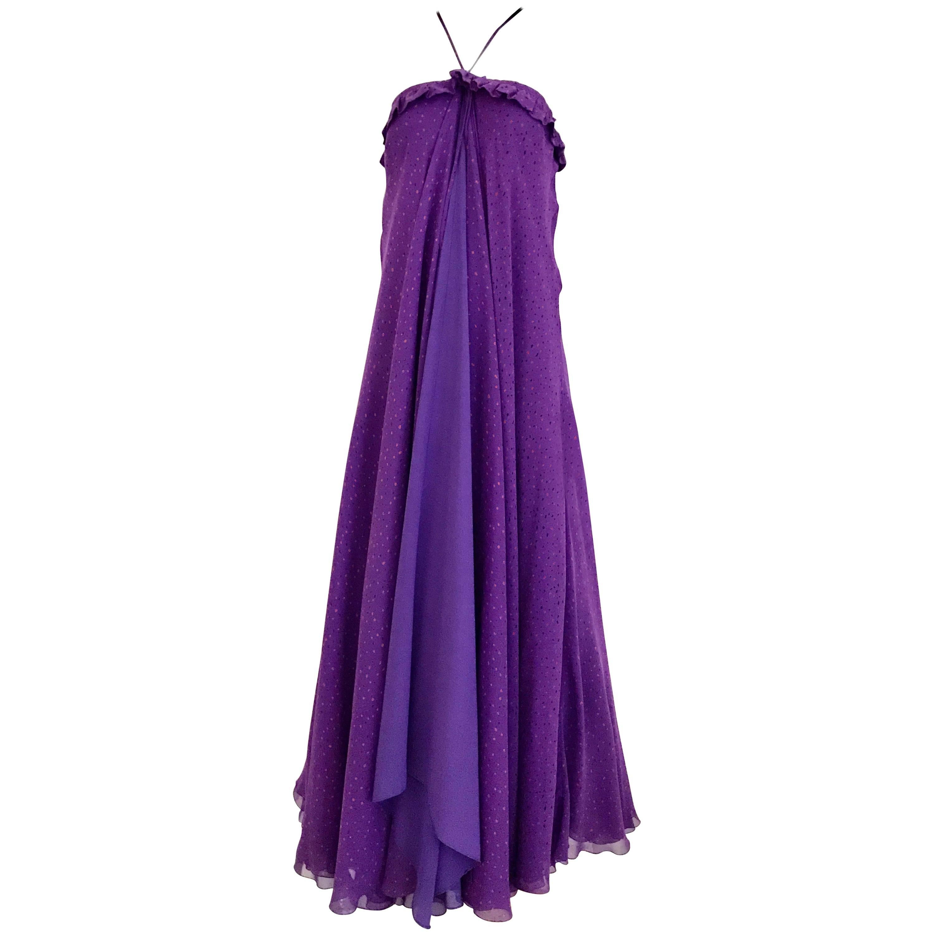 1970s JEAN PATOU Purple Silk Print Multi Layer Halter Maxi 70s Vintage Dress