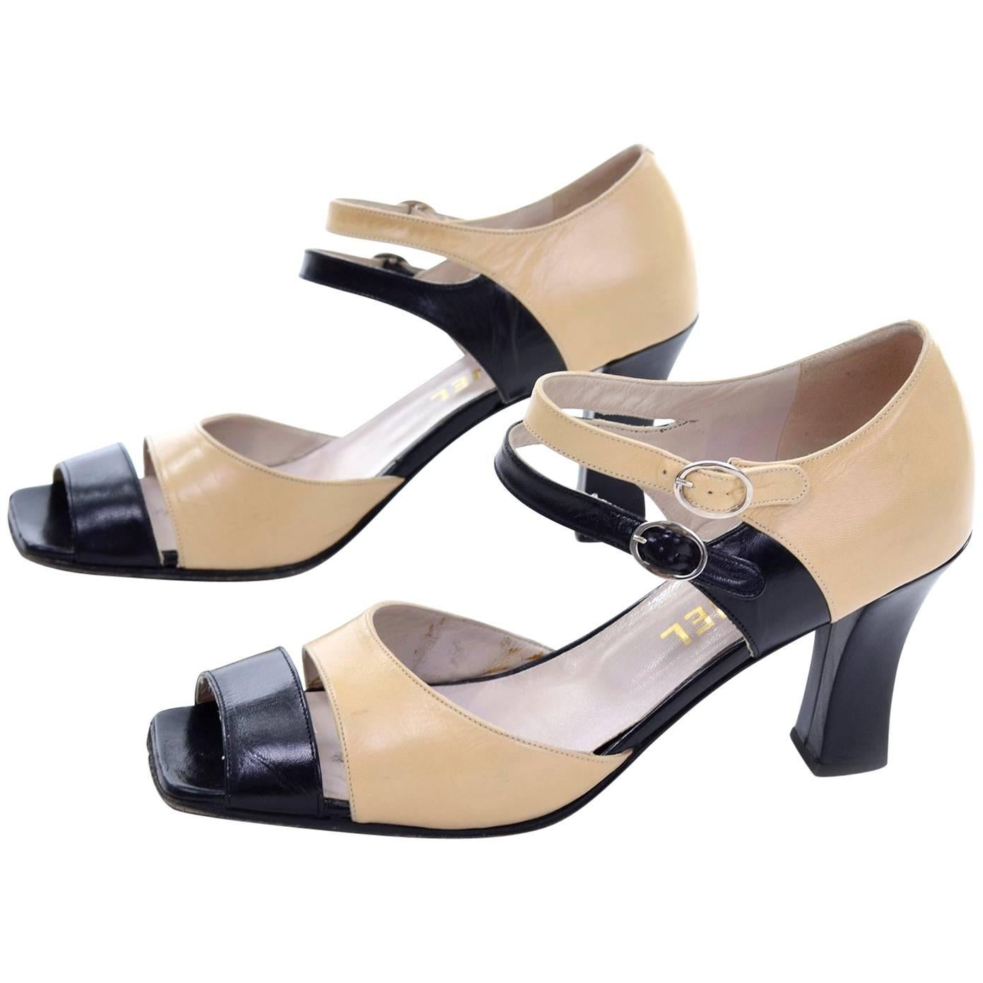 Chanel Vintage Peep Toe Double Strap Two Tone Beige and Black Shoes 37.5