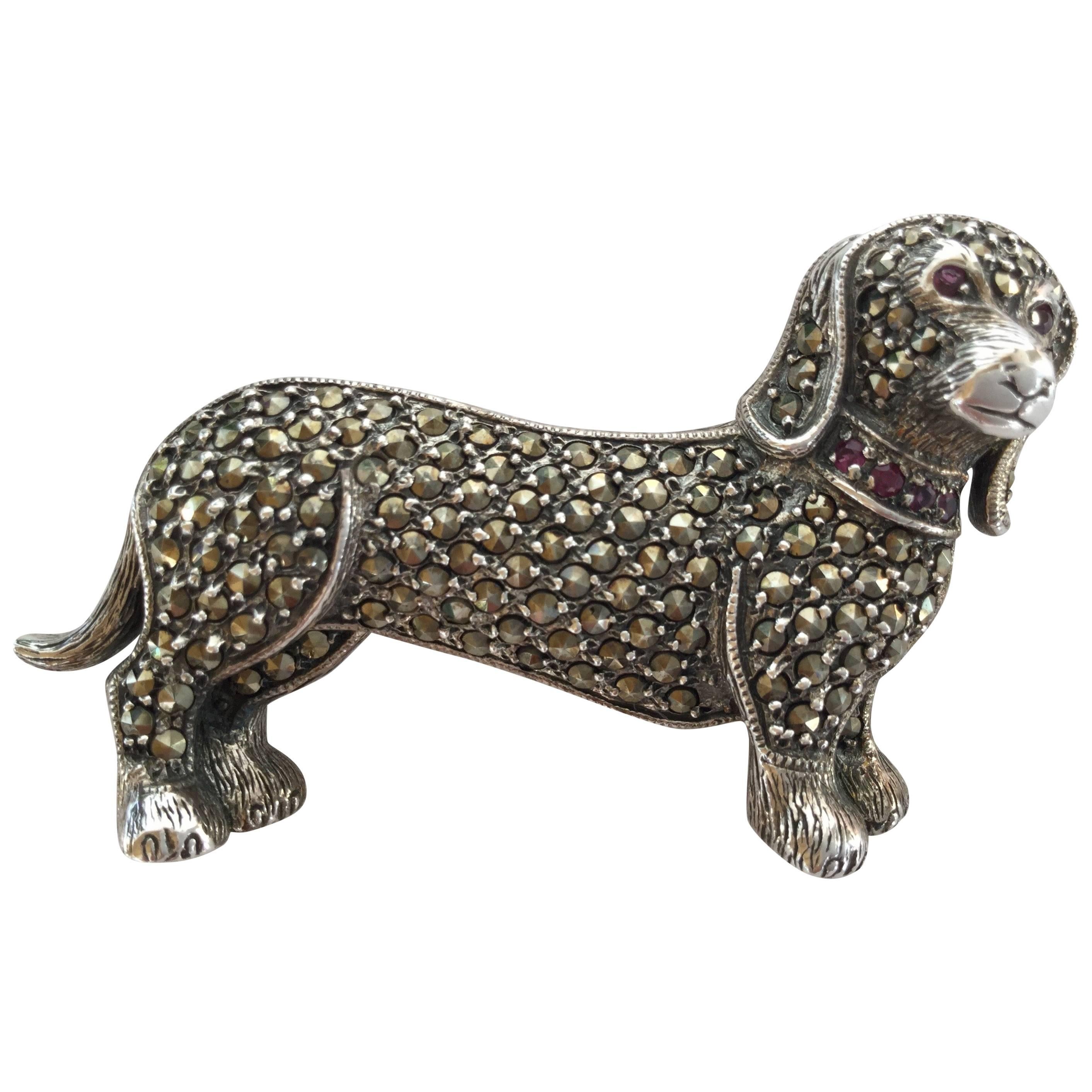 Adorable Marcasite and Sterling Silver Dog Brooch. 1980's.
