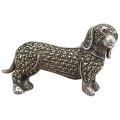 Vintage Adorable Marcasite and Sterling Silver Dog Brooch. 1980's.