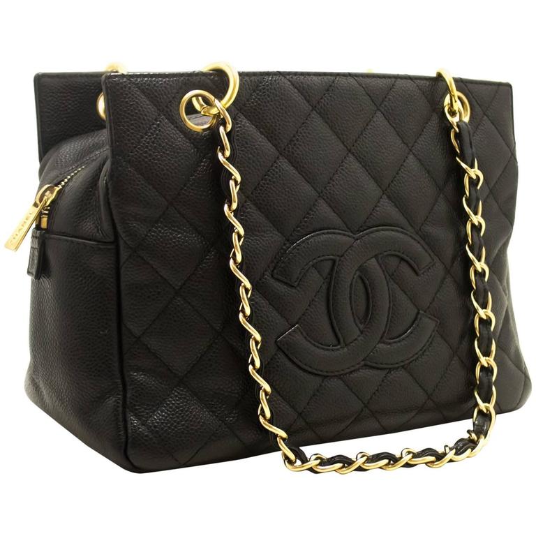 CHANEL Caviar Small Shopping Tote Bag Chain Shoulder Black Quilted For ...