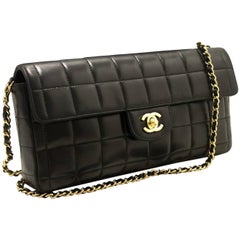 CHANEL Chocolate Bar Gold Chain Shoulder Bag Clutch Black Quilted