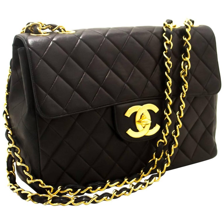 CHANEL 11" Jumbo Chain Shoulder Bag Crossbody Black Quilted Flap For