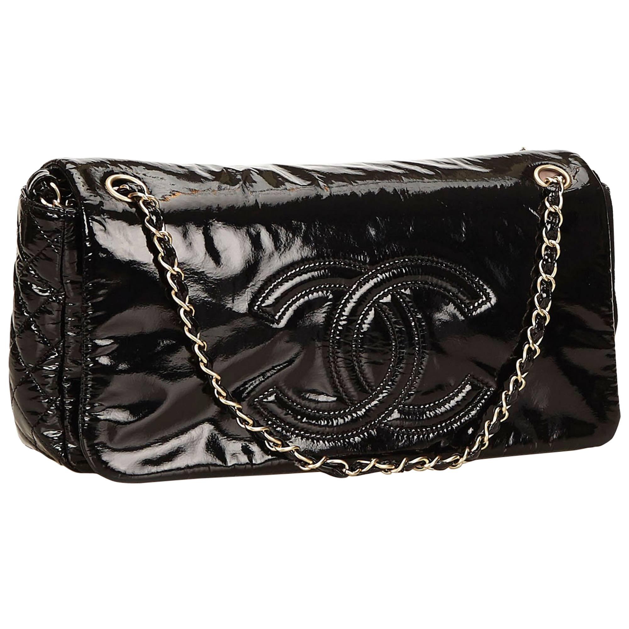 Chanel Black Patent Leather "CC" Logo Flap Shoulder Bag 