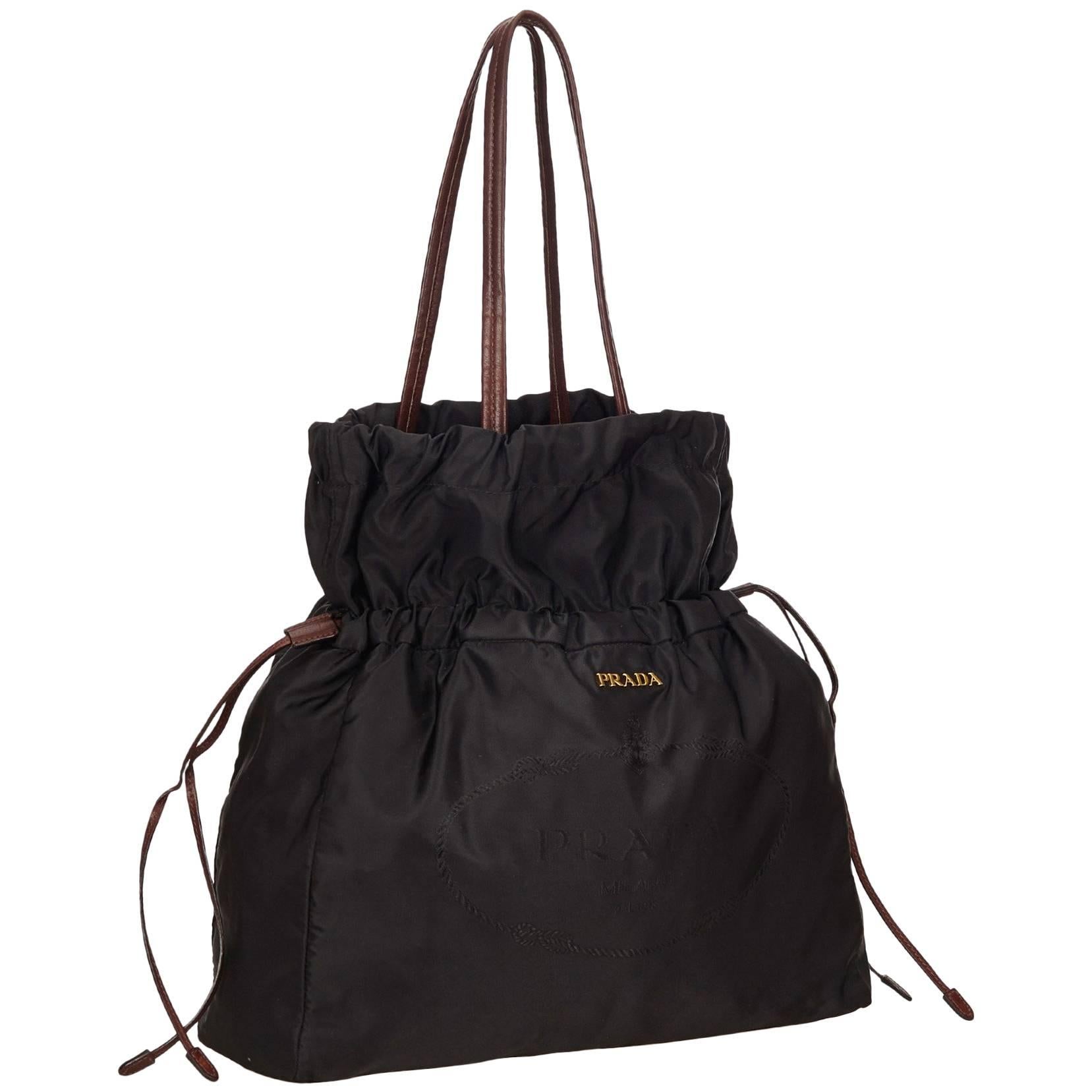 Prada Black Nylon Drawstring Tote Bag