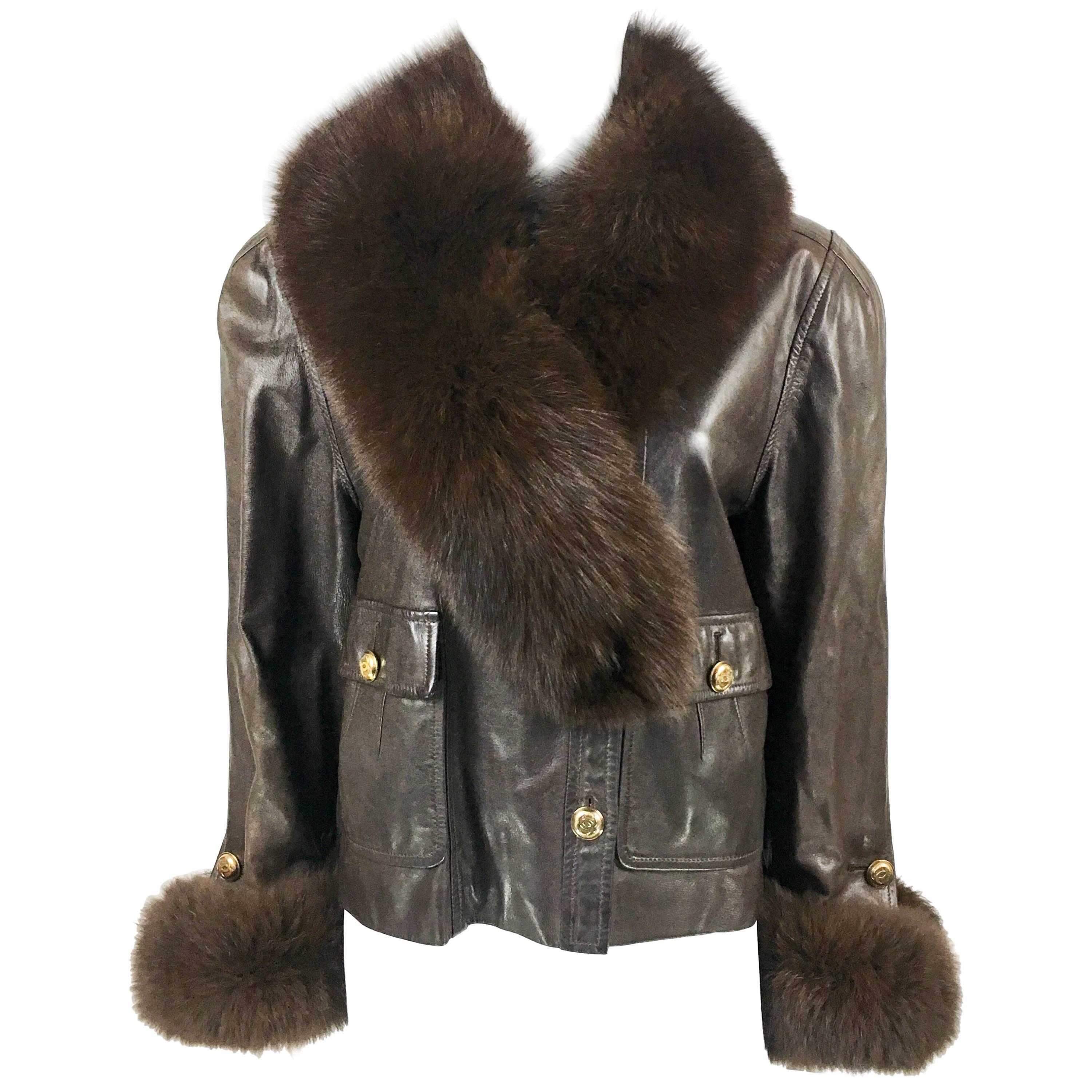 1980s Chanel Brown Leather Jacket With Fox Fur Cuffs and Removable Collar