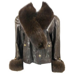 Vintage 1980s Chanel Brown Leather Jacket With Fox Fur Cuffs and Removable Collar