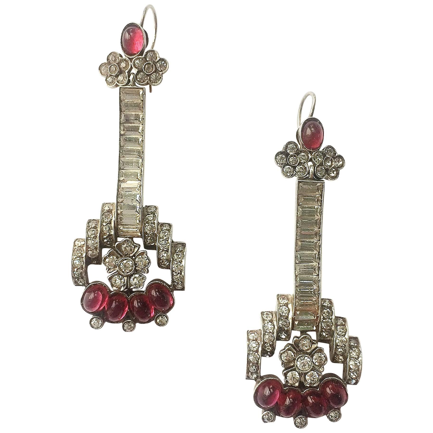Ruby cabuchon, paste and sterling silver drop earrings, 1930s