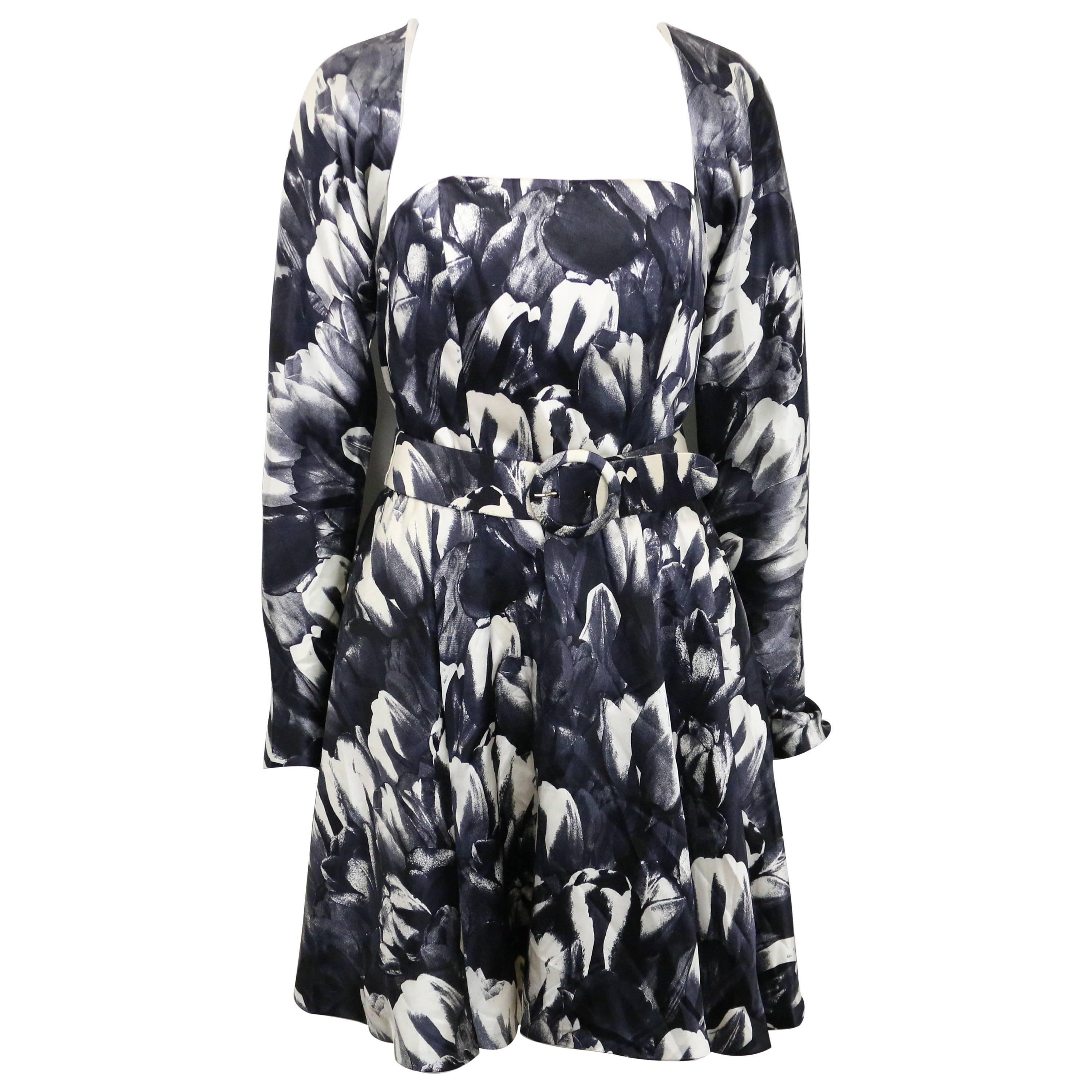 David Fielden Black and White Floral Print Tube Dress with Bolero Shrug Sleeves  For Sale