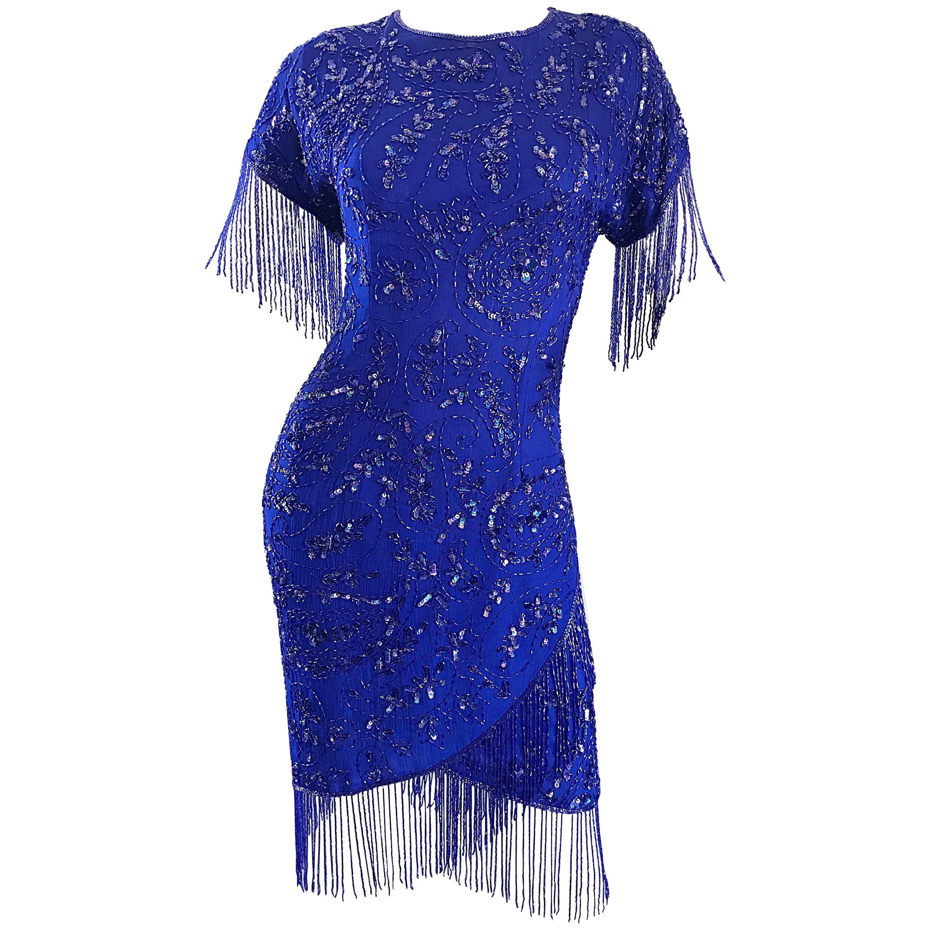 Incredible 1990s Royal Blue Vintage Silk Beaded & Fringe Vintage Flapper Dress For Sale