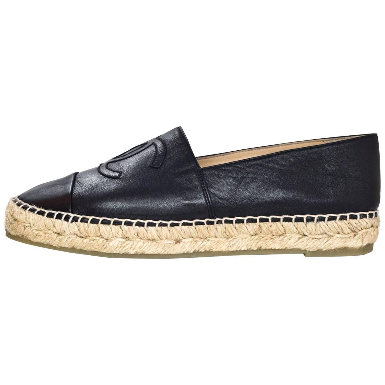 Chanel Black Leather CC Espadrilles Sz 37 with Box