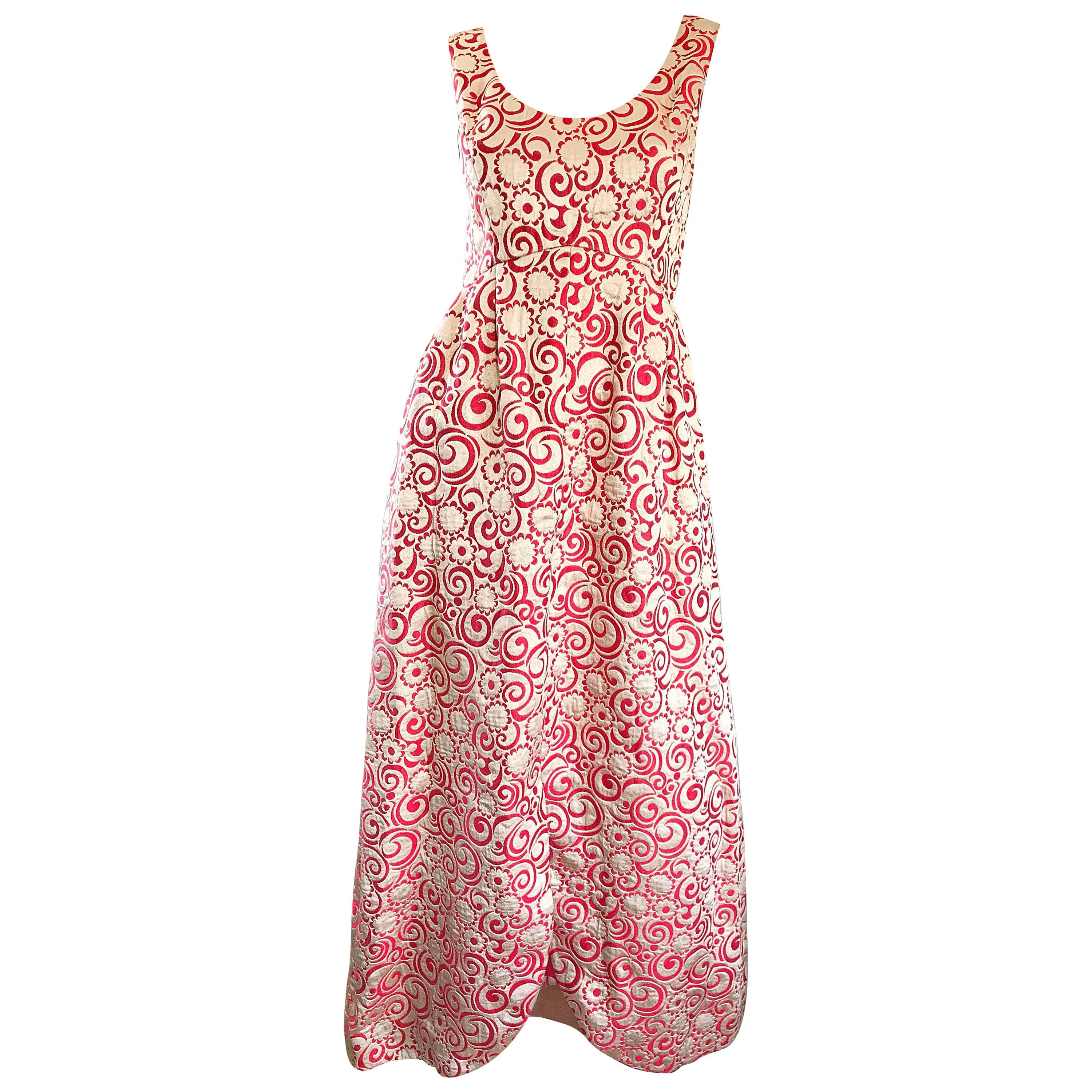 Ceil Chapman 1960s Raspberry Pink + Gold Silk Brocade Flower Vintage 60s Gown 
