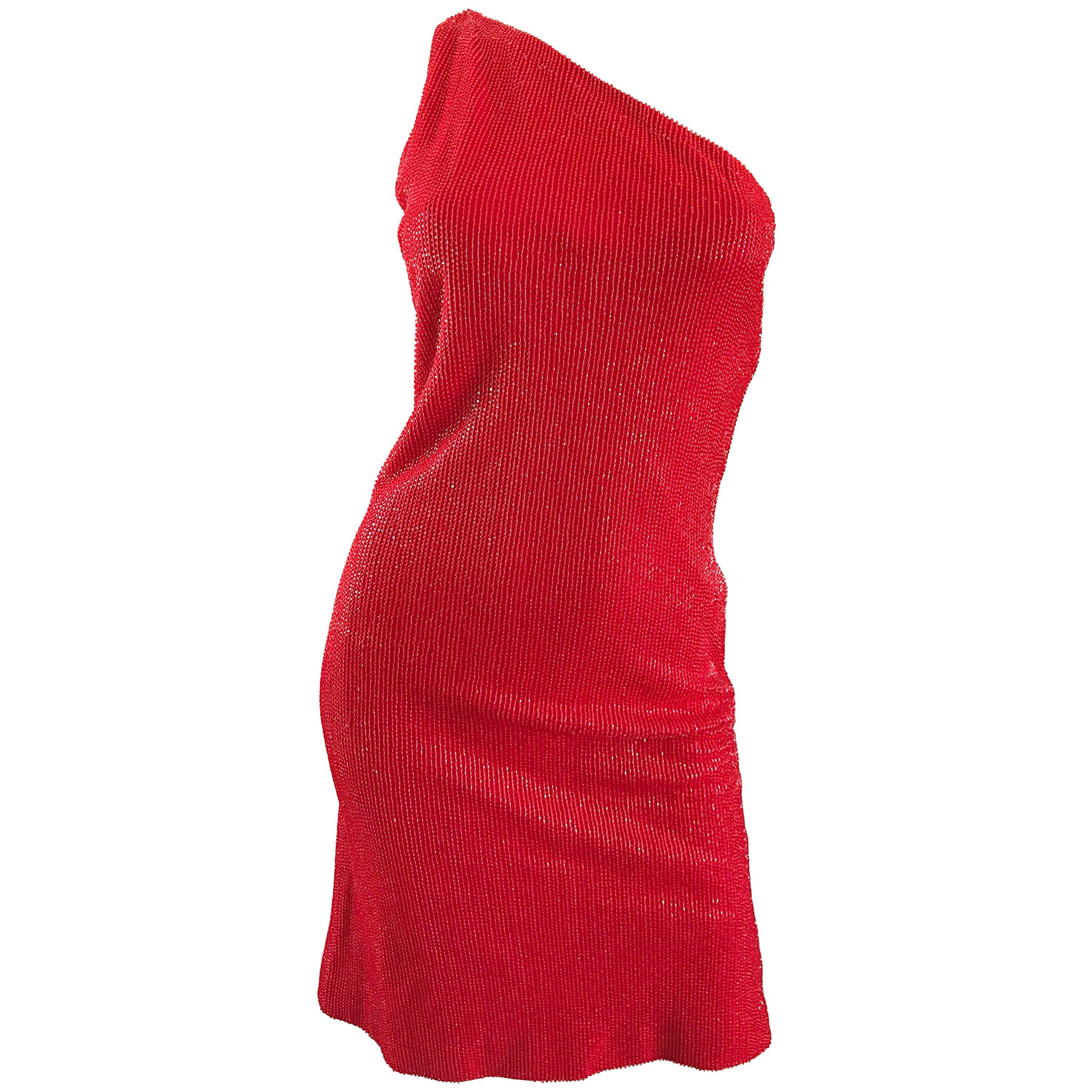 2000s Tuleh Lipstick Red Silk Fully Beaded Size 8 One Shoulder Vintage Y2K Dress