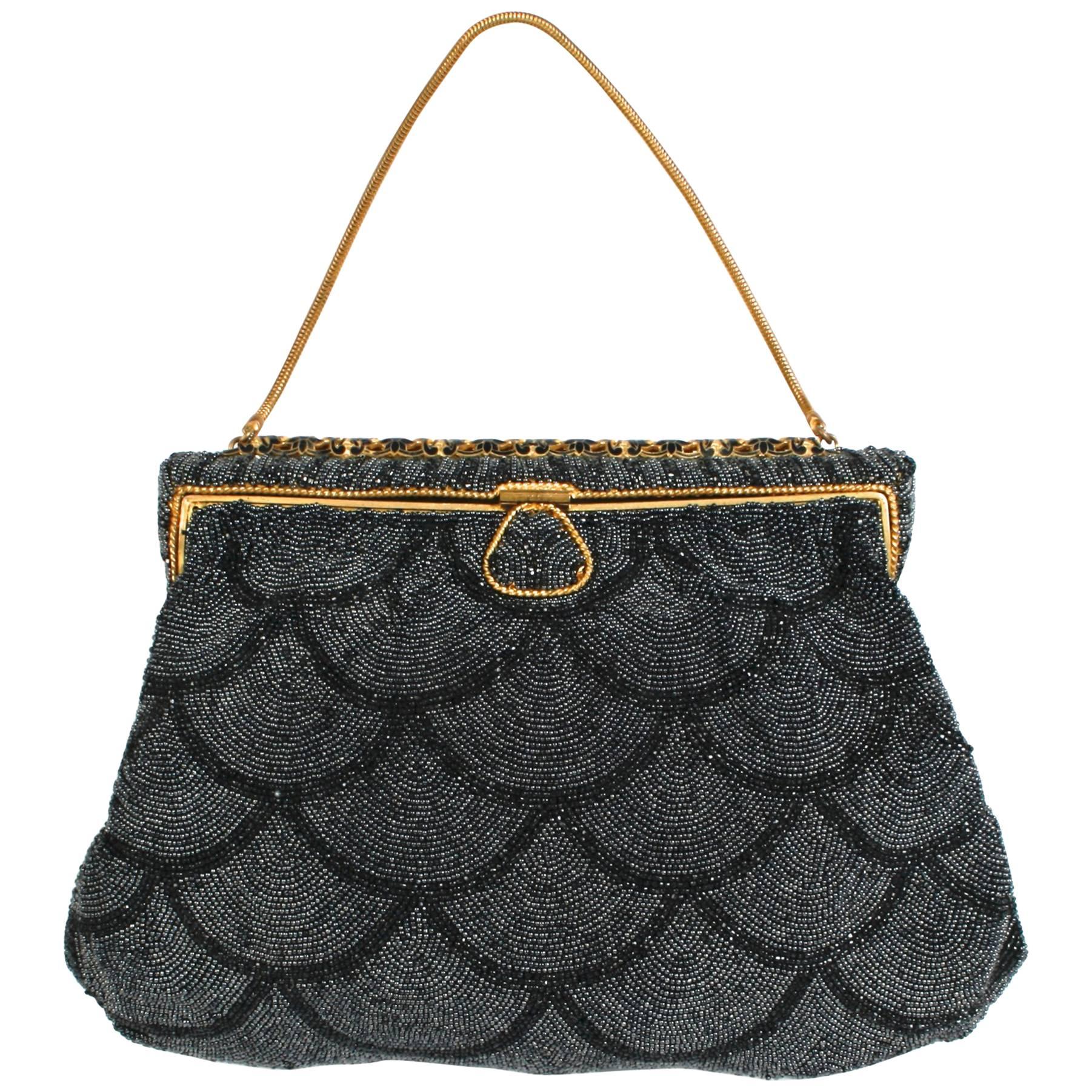 Black Scallop Beaded and Enameled Gold-tone Evening Bag