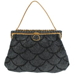 Black Scallop Beaded and Enameled Gold-tone Evening Bag