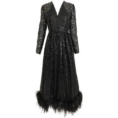 1970s BILL BLASS Black V Neck Sequin Gown with Ostrich Feathers