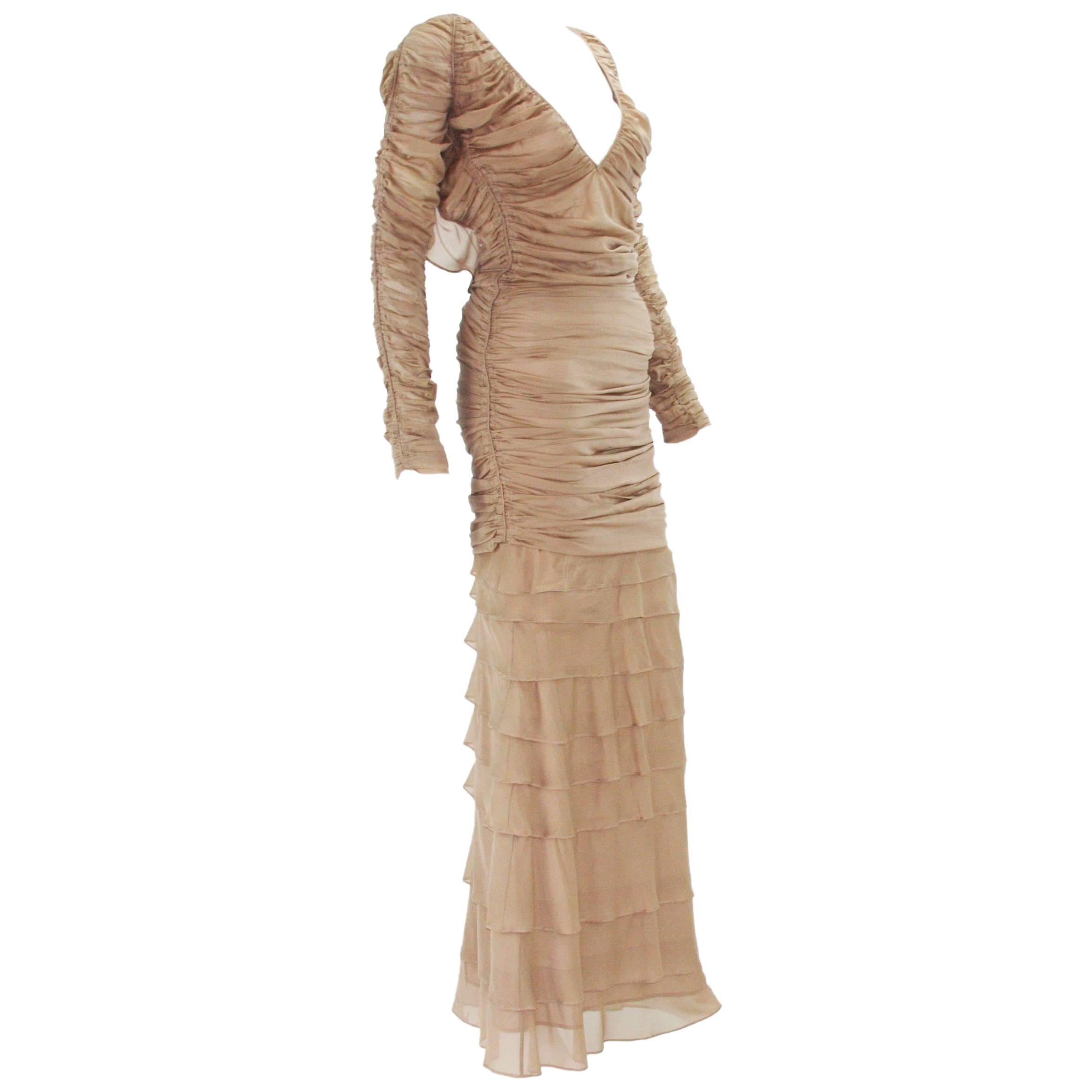 Tom Ford for Gucci S/S 2003 Collection Nude Silk Stretch Open Back Dress Gown S