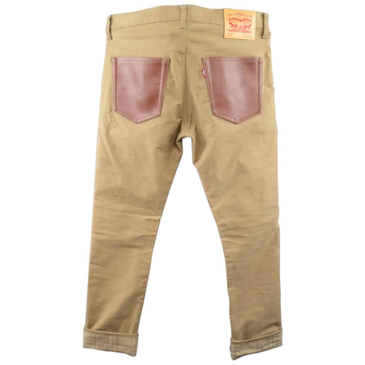 Men's JUNYA WATANABE X LEVI'S Size M Tan Cotton Plaid Cuff Leather Pocket Jeans
