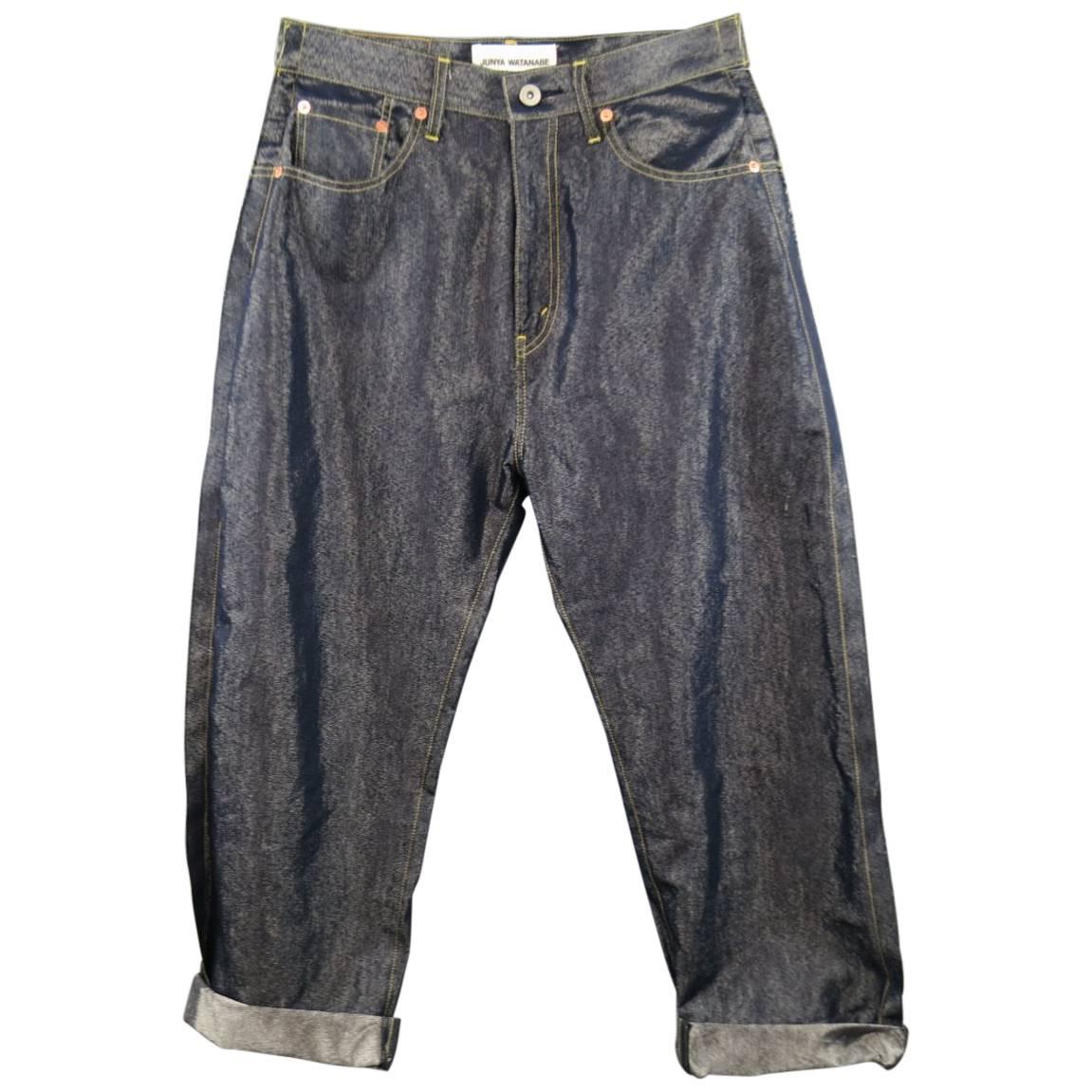 Junya Watanabe Indigo Metallic Cotton Blend Reverse Seam Jeans