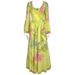 1970s LEONARD Yellow and Pink Floral Print Jersey Bell Sleeve Maxi vintage dress