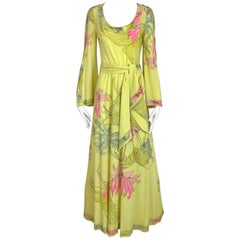 1970s LEONARD Yellow and Pink Floral Print Jersey Bell Sleeve Maxi vintage dress 2