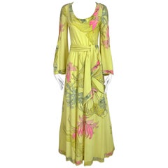 LEONARD, robe longue vintage à manches cloche en jersey imprimé floral jaune et rose, années 1970