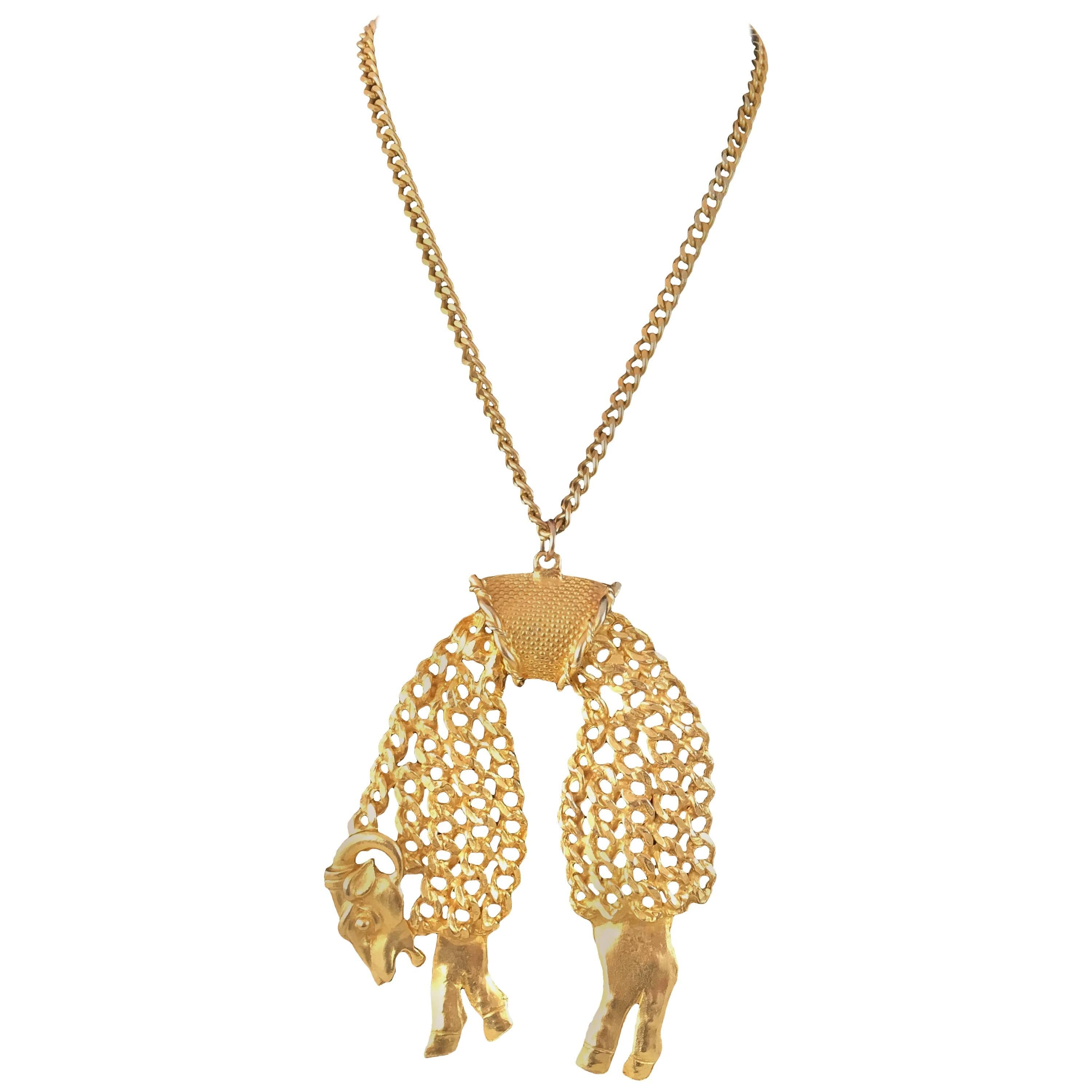 1970s Huge Kenneth Jay Lane Golden Fleece Sheep Pendant Necklace For Sale