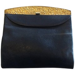 Art Deco French Navy blue leather clutch purse handbag with Gilt clasp