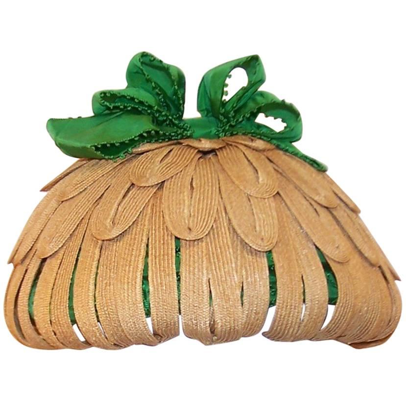 Whimsical 1950's Bonta Creatrice Straw Petal Hat With Kelly Green Bow