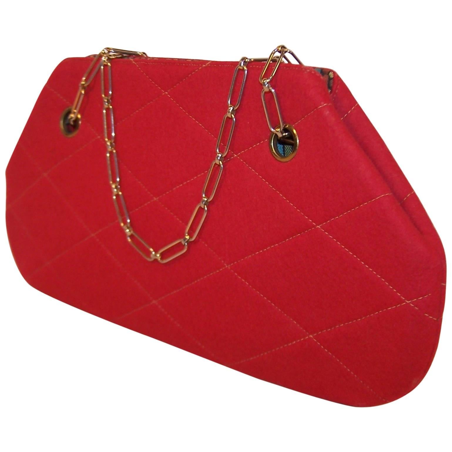 Mod 1960's Red Wool Quilted Handbag With Chain Handle