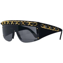 Retro Iconic Chanel Chain & Leather Oversized Black Sunglasses 1992 