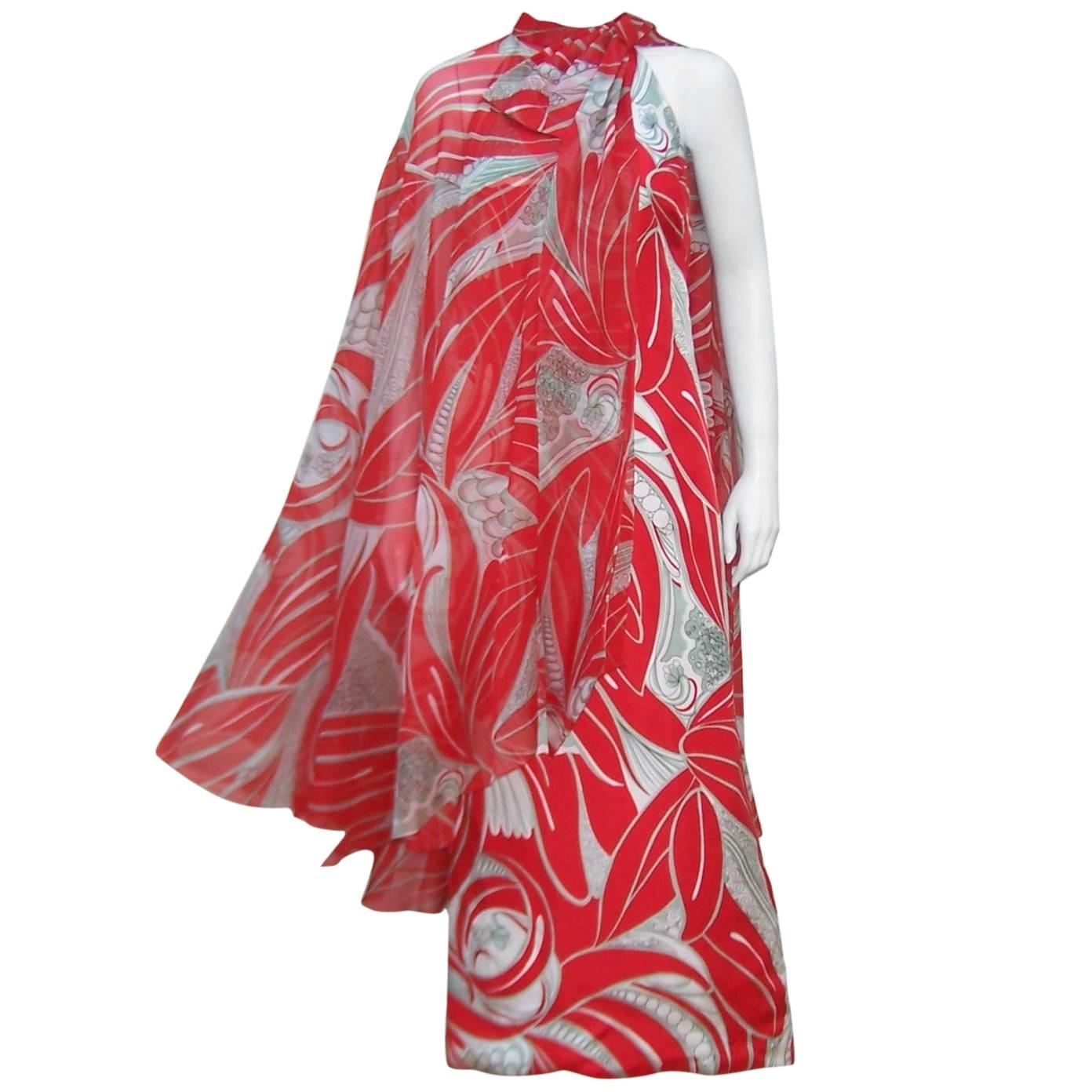 Tropical 1970's Halter Evening Dress With Dramatic Chiffon Cape