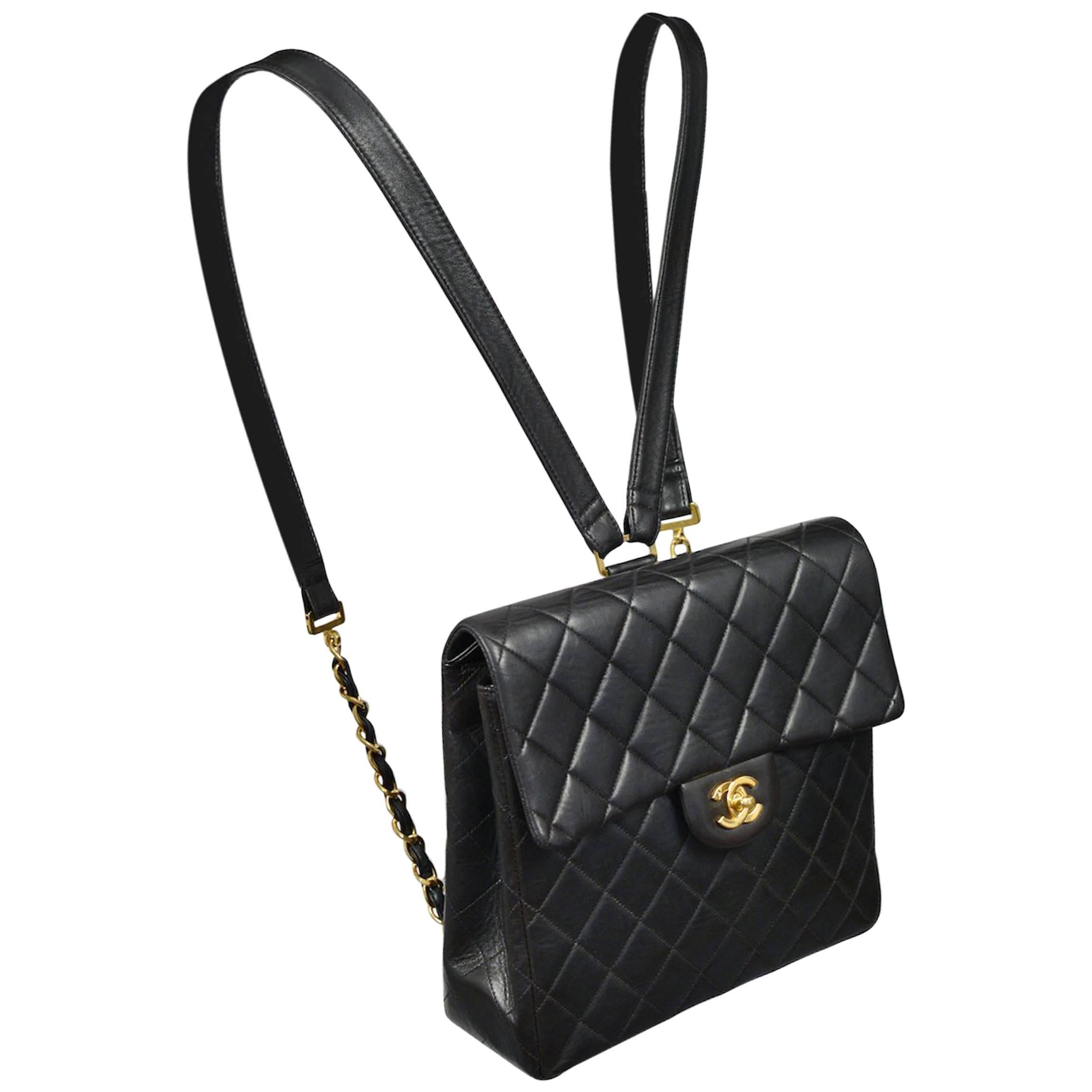 Unusual Chanel Square Quilted Black Leather Backpack Bag With Chain Straps  at 1stDibs