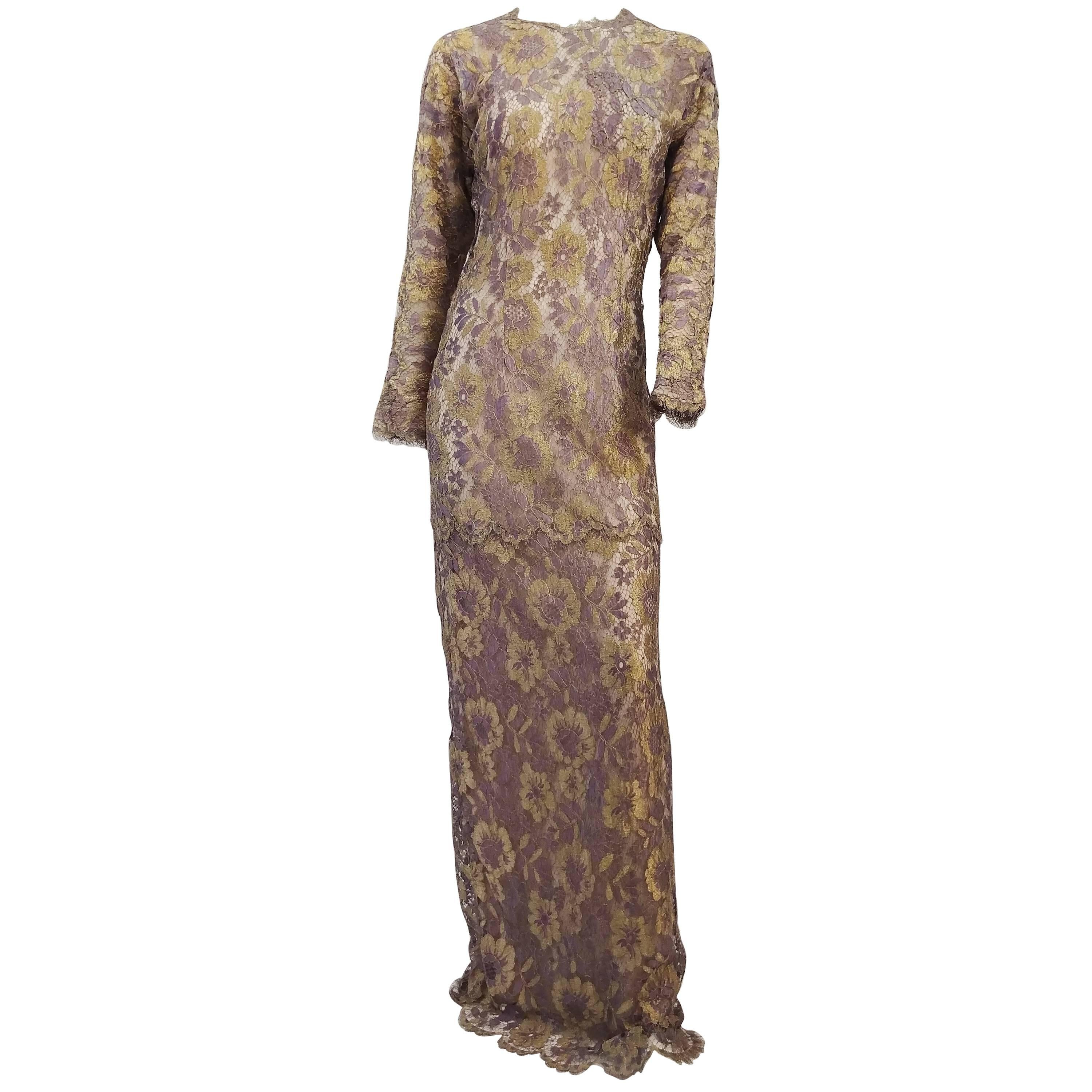 70s Metallic Gold and Purple Lace Evening Dress For Sale